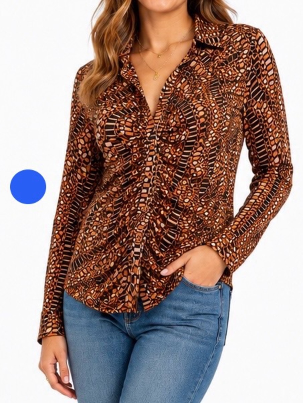 Willow Root Geometric Print Button Front Stretch Blouse Women’s Large Brown